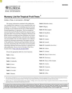 Nursery List for Tropical Fruit Trees 1