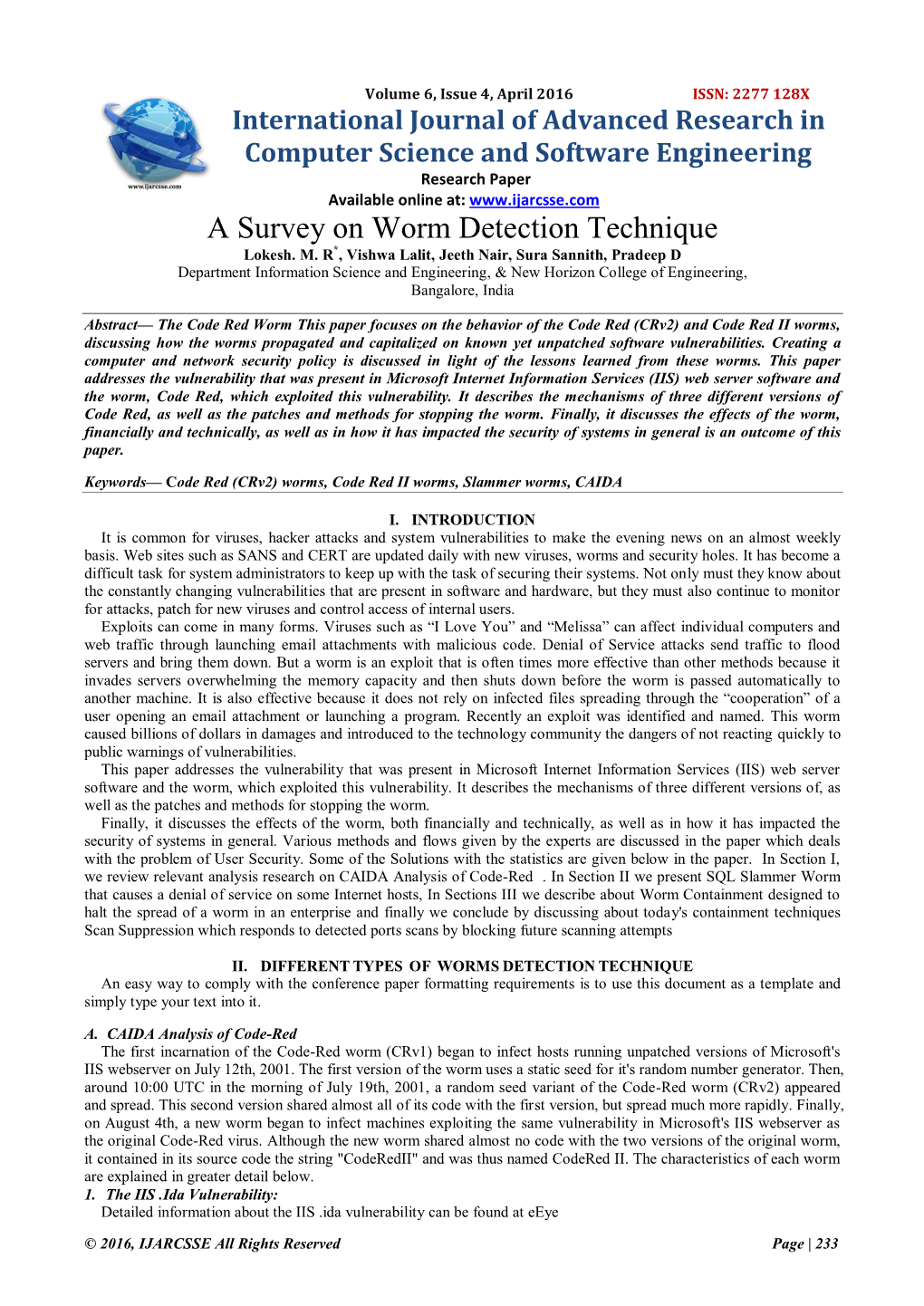 A Survey on Worm Detection Technique Lokesh