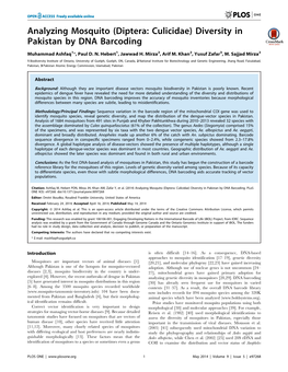 Analyzing Mosquito (Diptera: Culicidae) Diversity in Pakistan by DNA Barcoding