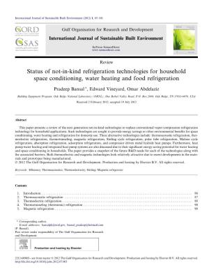 Status of Not-In-Kind Refrigeration Technologies for Household Space Conditioning, Water Heating and Food Refrigeration