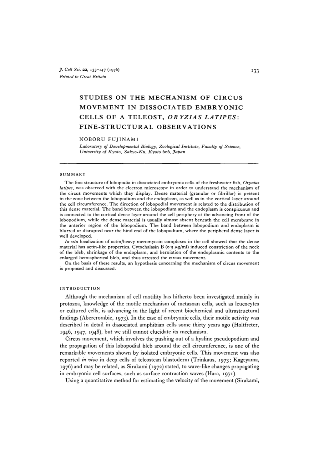 Studies on the Mechanism of Circus Movement in Dissociated Embryonic Cells of a Teleost, Oryzias Latipes: Fine-Structural Observations