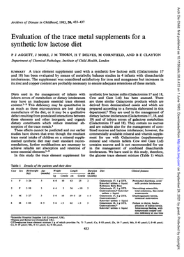 Evaluation of the Trace Metal Supplements for a Synthetic Low Lactose Diet