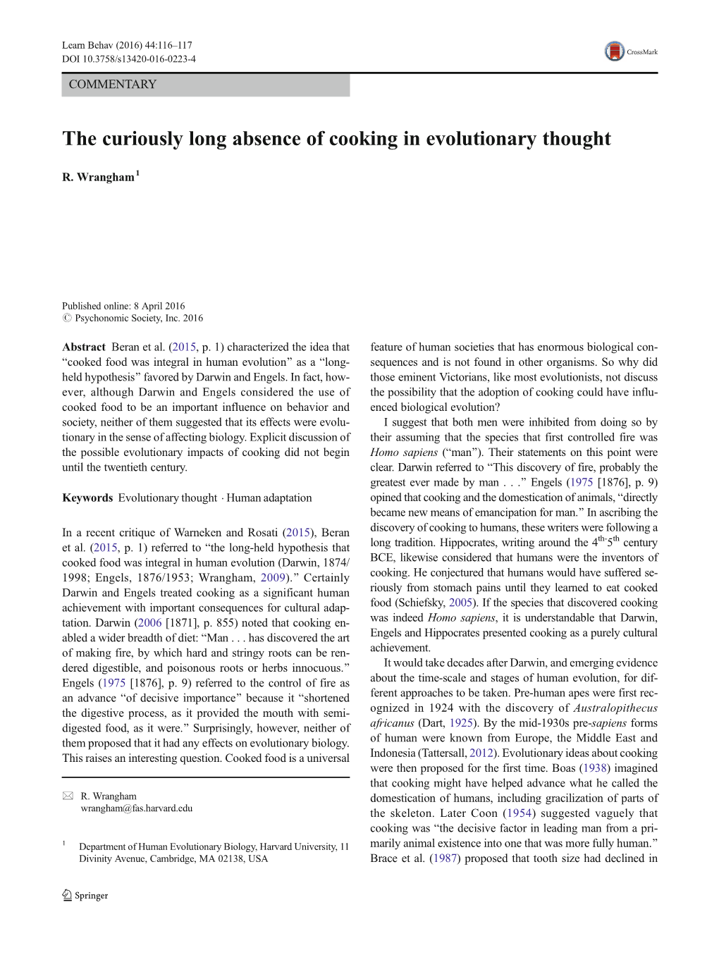 The Curiously Long Absence of Cooking in Evolutionary Thought