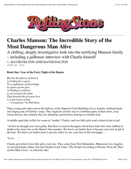 Charles Manson: the Incredible Story of the Most Dangerous Man Alive | Culture News | Rolling Stone 1/7/14 12:42 PM