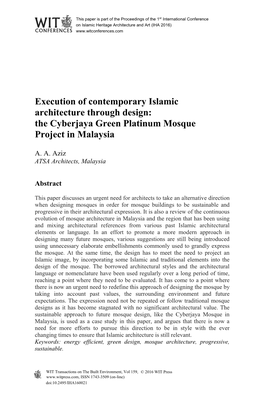 Execution of Contemporary Islamic Architecture Through Design: the Cyberjaya Green Platinum Mosque Project in Malaysia