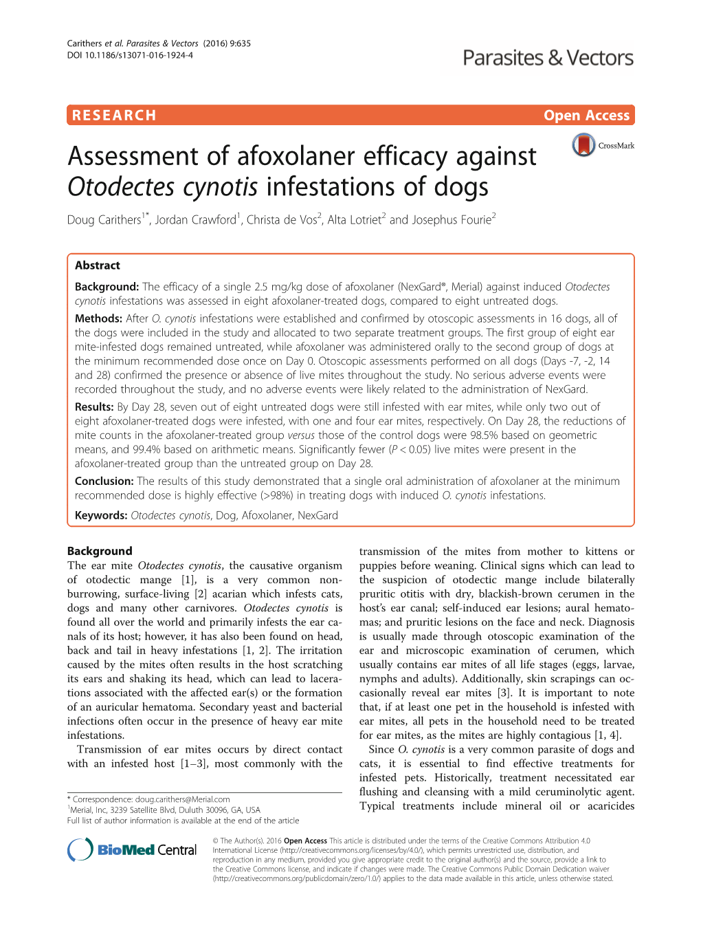 Assessment of Afoxolaner Efficacy Against Otodectes Cynotis