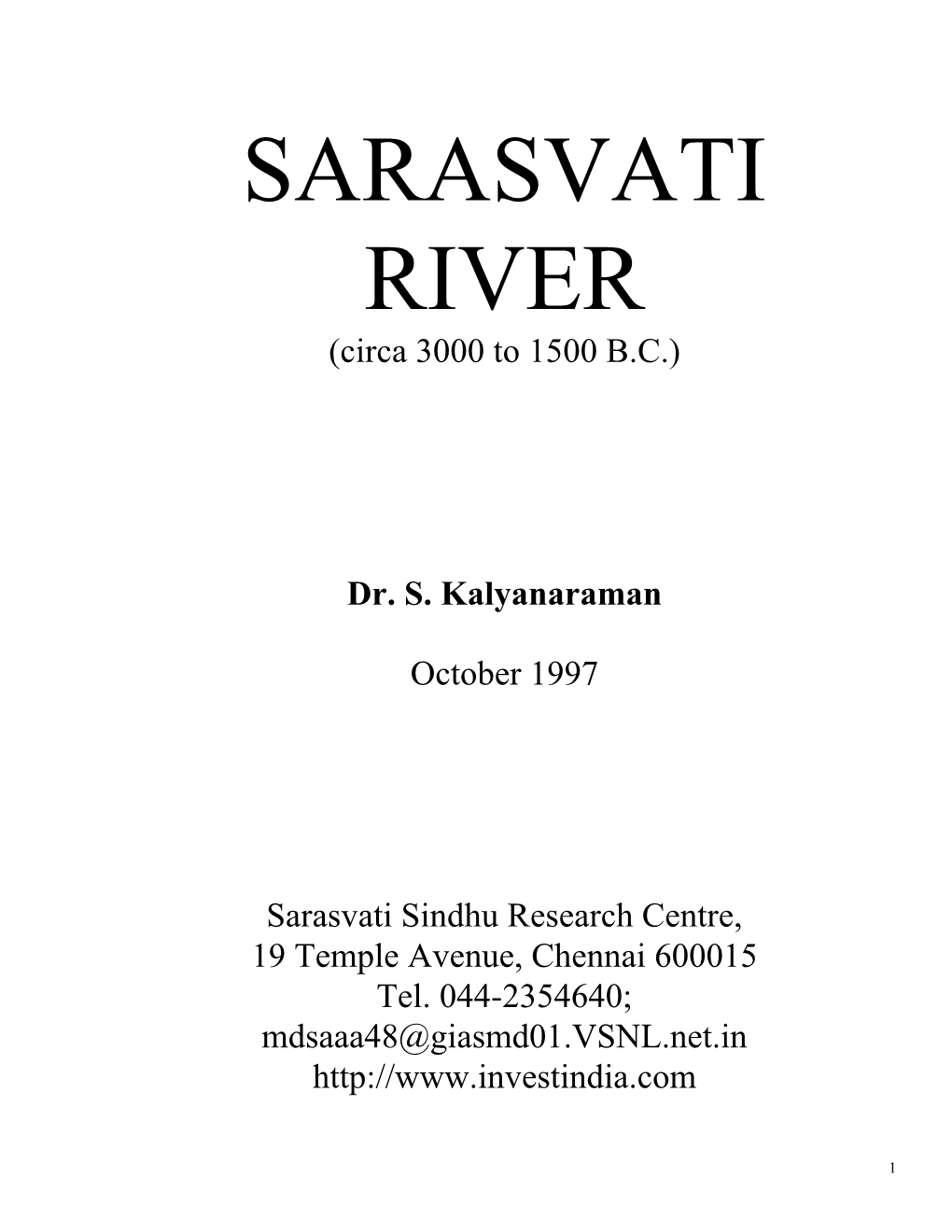 SARASVATI RIVER (Circa 3000 to 1500 B.C.)