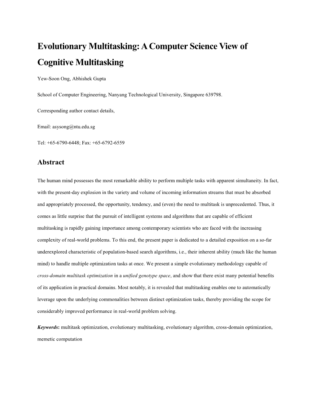 Evolutionary Multitasking: a Computer Science View of Cognitive Multitasking