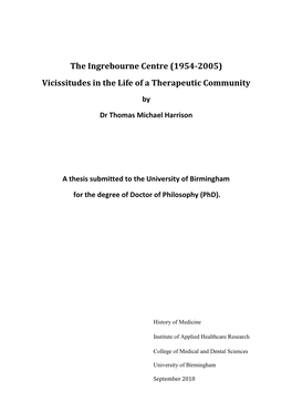 The Ingrebourne Centre (1954-2005) Vicissitudes in the Life of a Therapeutic Community