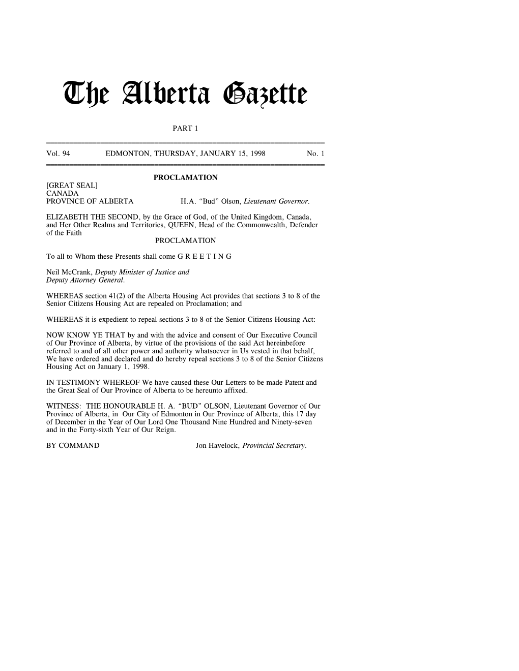 The Alberta Gazette, Part I, January 15, 1998