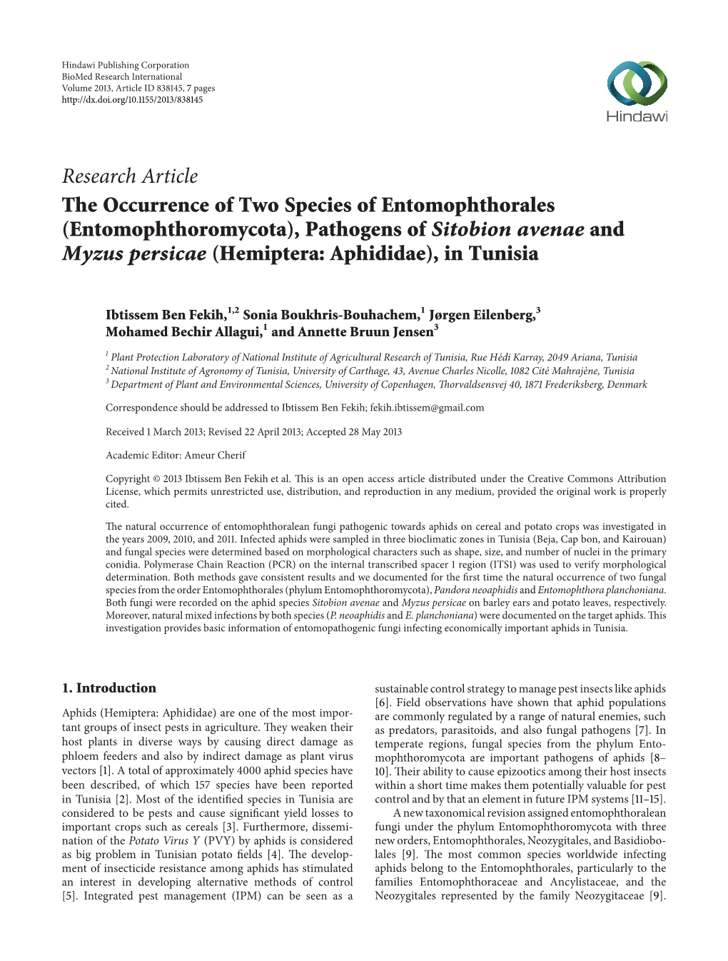 The Occurrence of Two Species of Entomophthorales (Entomophthoromycota), Pathogens of Sitobion Avenae and Myzus Persicae (Hemiptera: Aphididae), in Tunisia