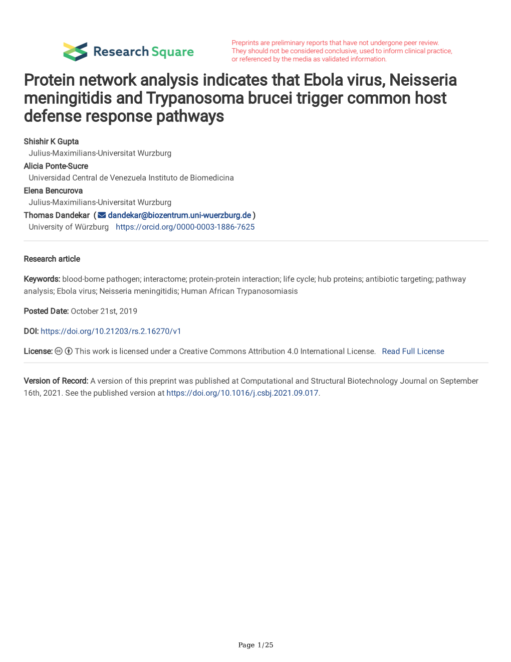 Protein Network Analysis Indicates That Ebola Virus, Neisseria Meningitidis and Trypanosoma Brucei Trigger Common Host Defense Response Pathways