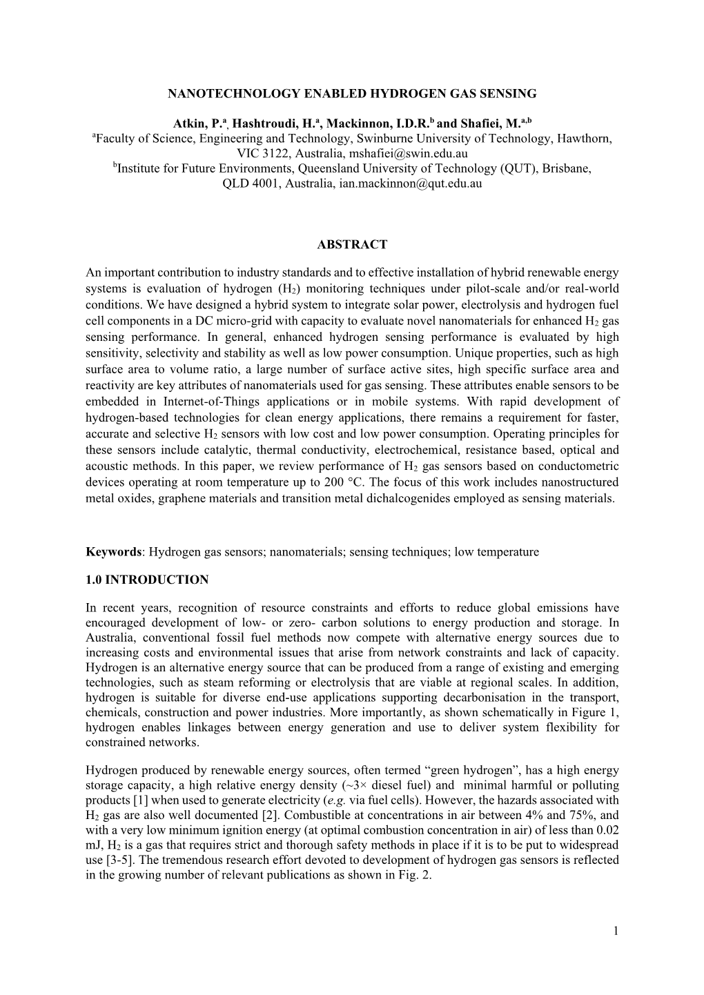 1 NANOTECHNOLOGY ENABLED HYDROGEN GAS SENSING Atkin