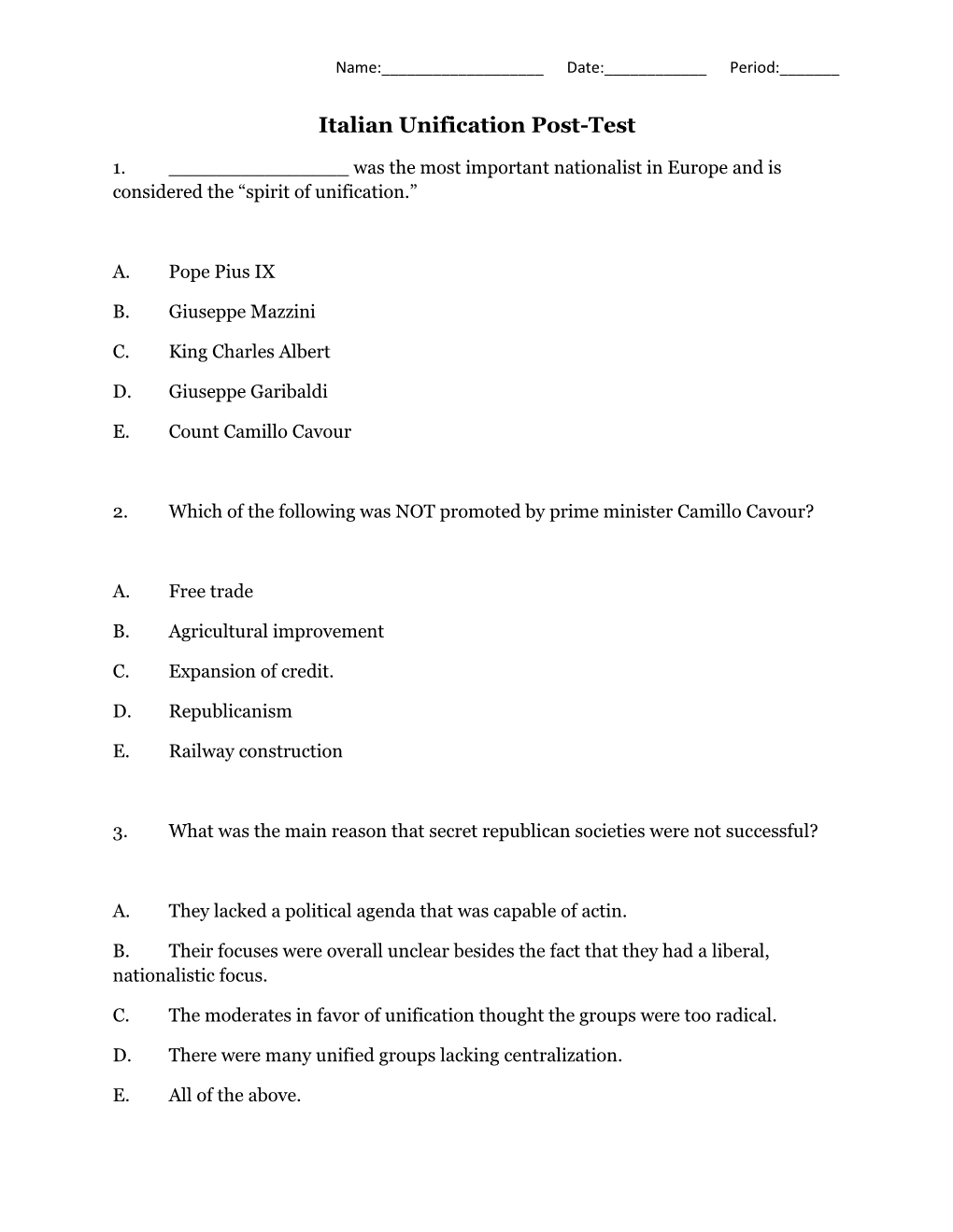 Italian Unification Post-Test