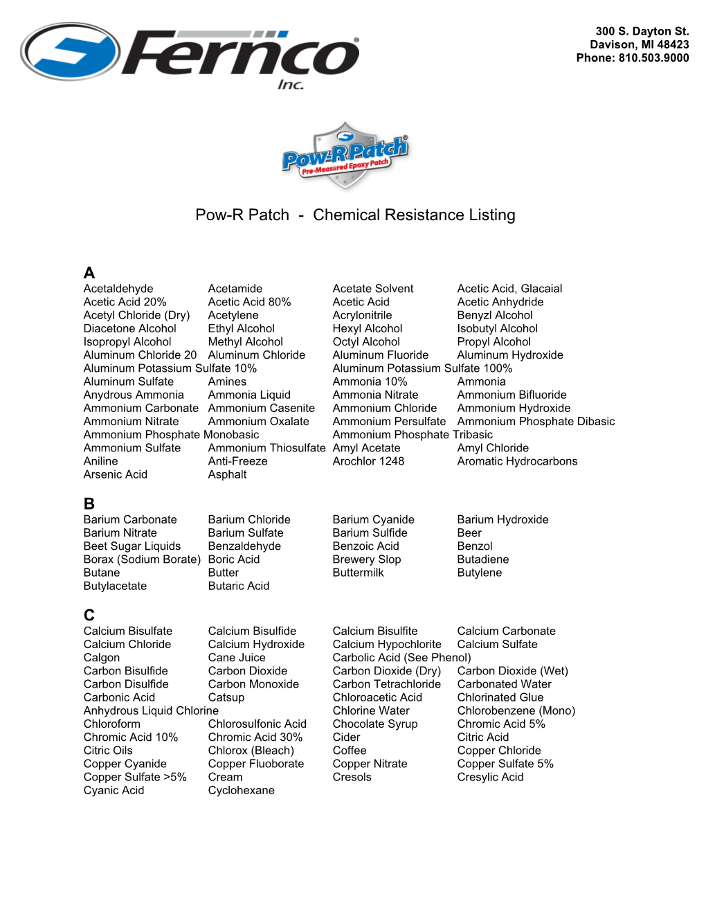 Pow-R Patch - Chemical Resistance Listing