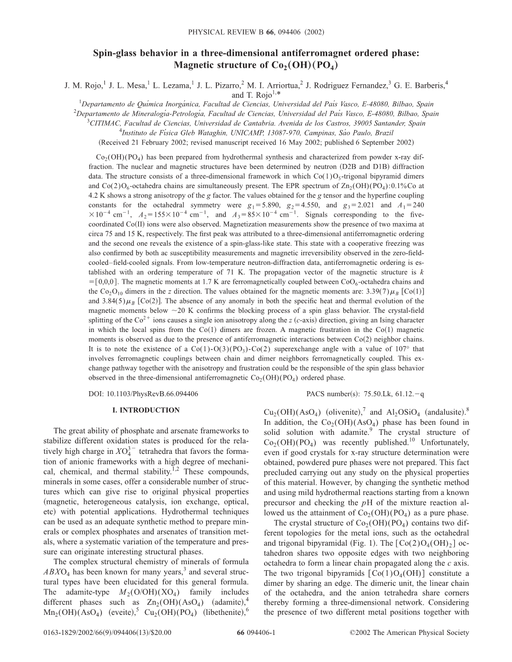 Spin-Glass Behavior in a Three-Dimensional Antiferromagnet Ordered Phase: Magnetic Structure of Co2„OH…„PO4… J