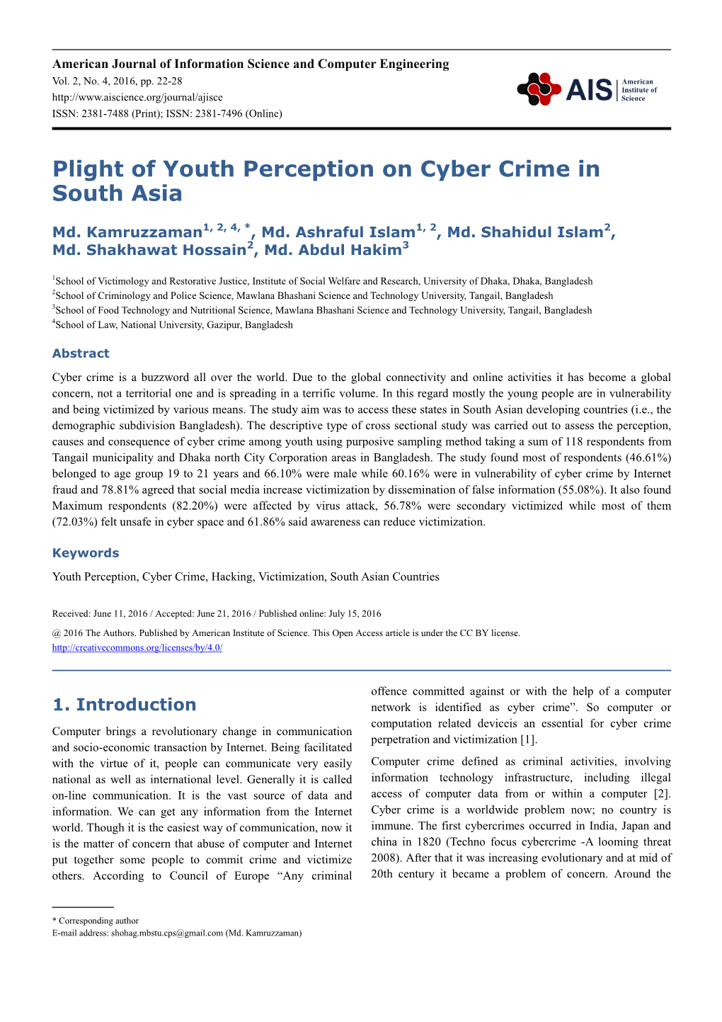 Plight of Youth Perception on Cyber Crime in South Asia