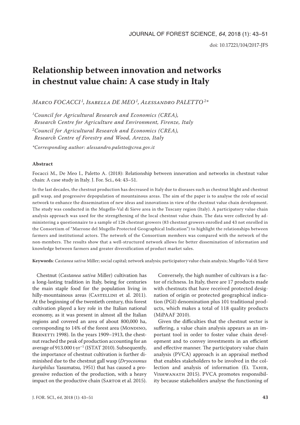 Relationship Between Innovation and Networks in Chestnut Value Chain: a Case Study in Italy
