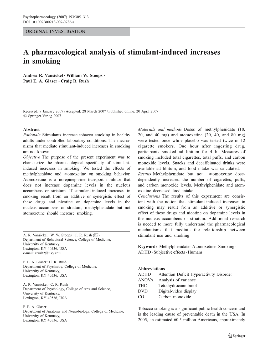 A Pharmacological Analysis of Stimulant-Induced Increases in Smoking