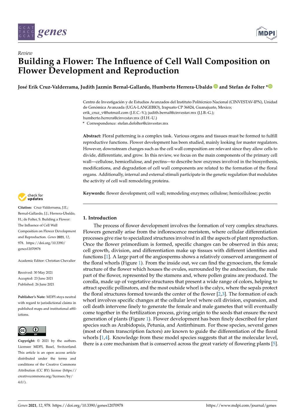 The Influence of Cell Wall Composition on Flower Development and Reproduction