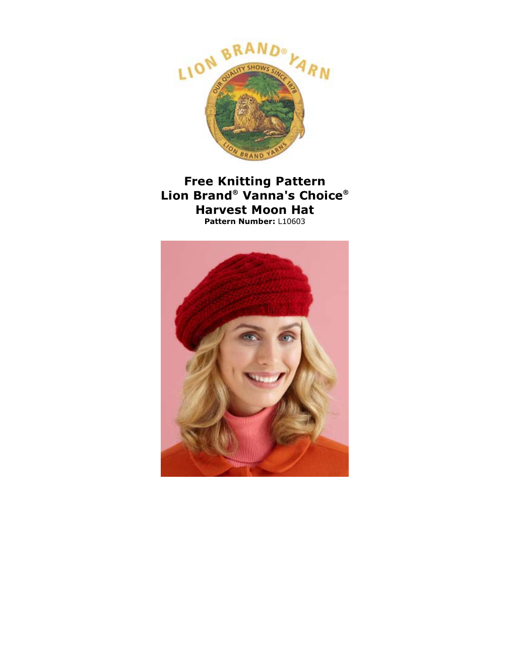 Free Knitting Pattern Lion Brand® Vanna's Choice® Harvest Moon