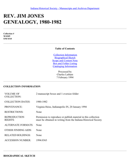 Rev. Jim Jones Genealogy, 1980-1982