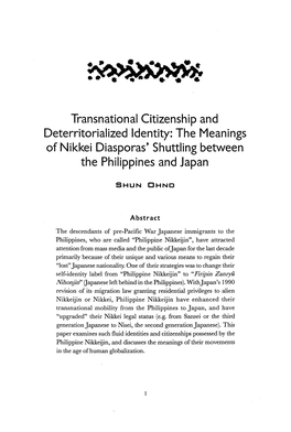 Transnational Citizenship and Deterritorialized Identity: the Meanings of Nikkei Diasporas' Shuttling Between the Philippines and Japan