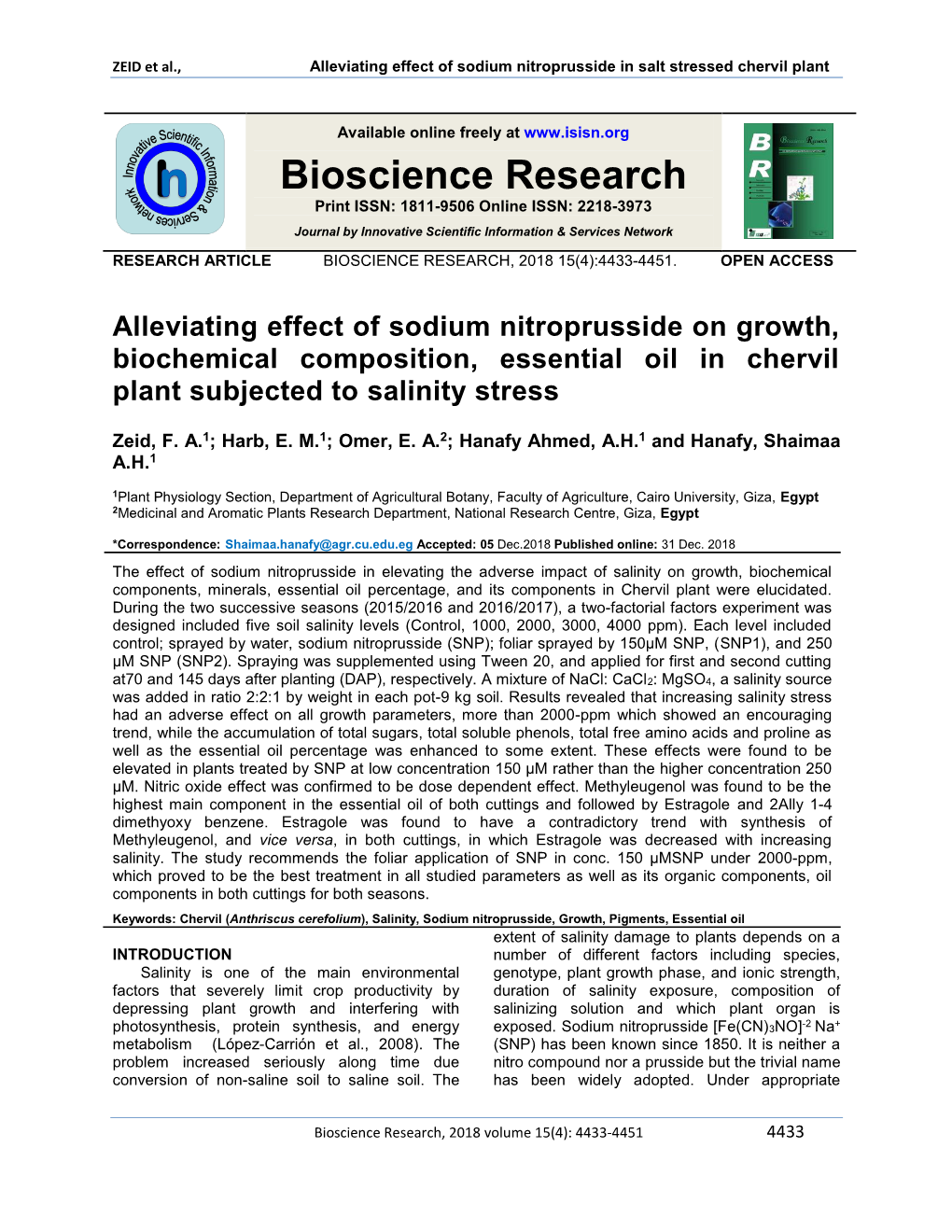 ZEID Et Al., Alleviating Effect of Sodium Nitroprusside in Salt Stressed Chervil Plant