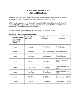 Ghana International School Age and Class Guide