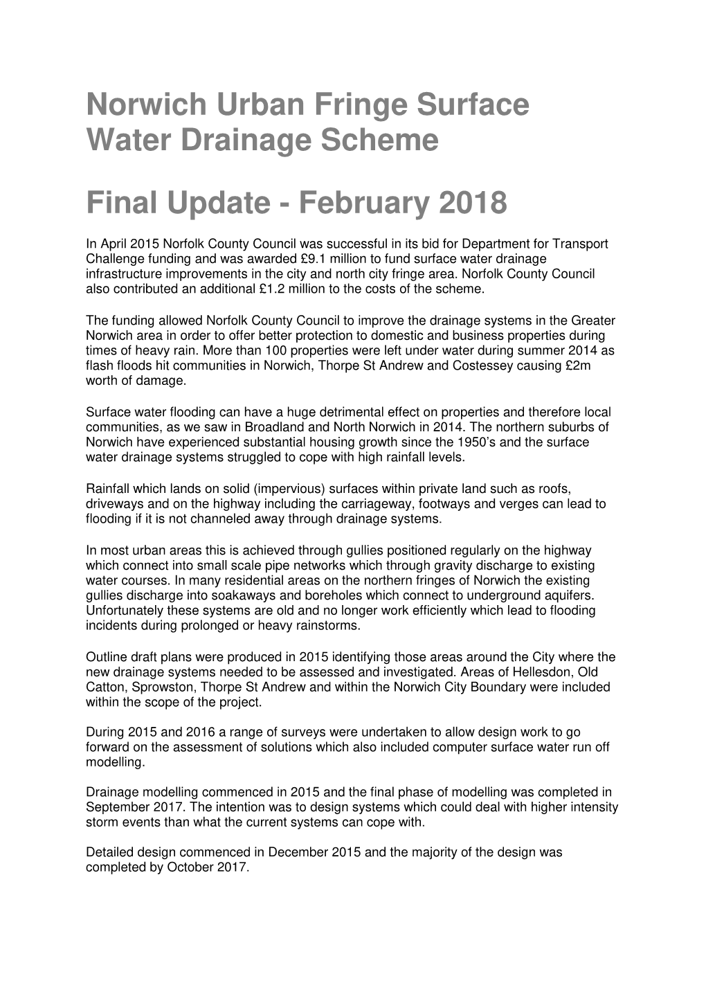 Norwich Surface Water Drainage Scheme Update February 2018