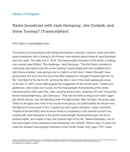 Radio Broadcast with Jack Dempsey, Jim Corbett, and Gene Tunney? (Transcription)