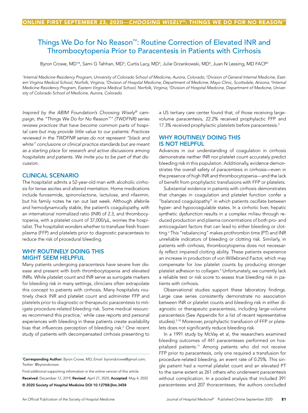 Routine Correction of Elevated INR and Thrombocytopenia Prior to Paracentesis in Patients with Cirrhosis