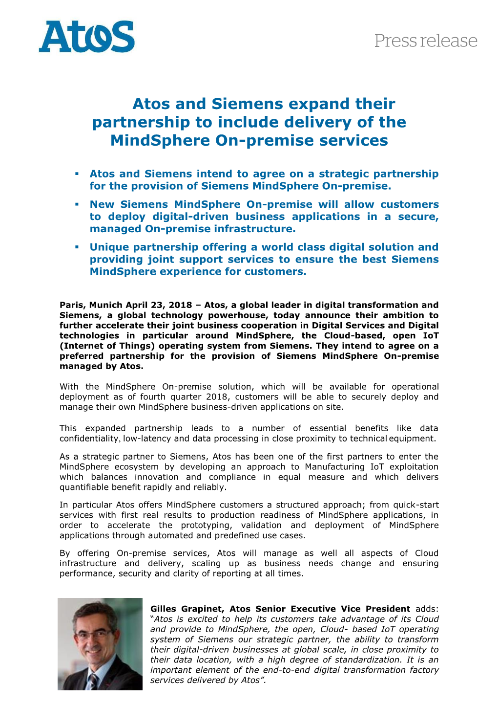 Atos and Siemens Expand Their Partnership to Include Delivery of the Mindsphere On-Premise Services