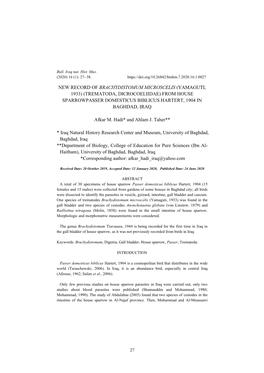 New Record of Brachydistomum Microscelis (Yamaguti, 1933) (Trematoda, Dicrocoeliidae) from House Sparrowpasser Domesticus Biblicus Hartert, 1904 in Baghdad, Iraq