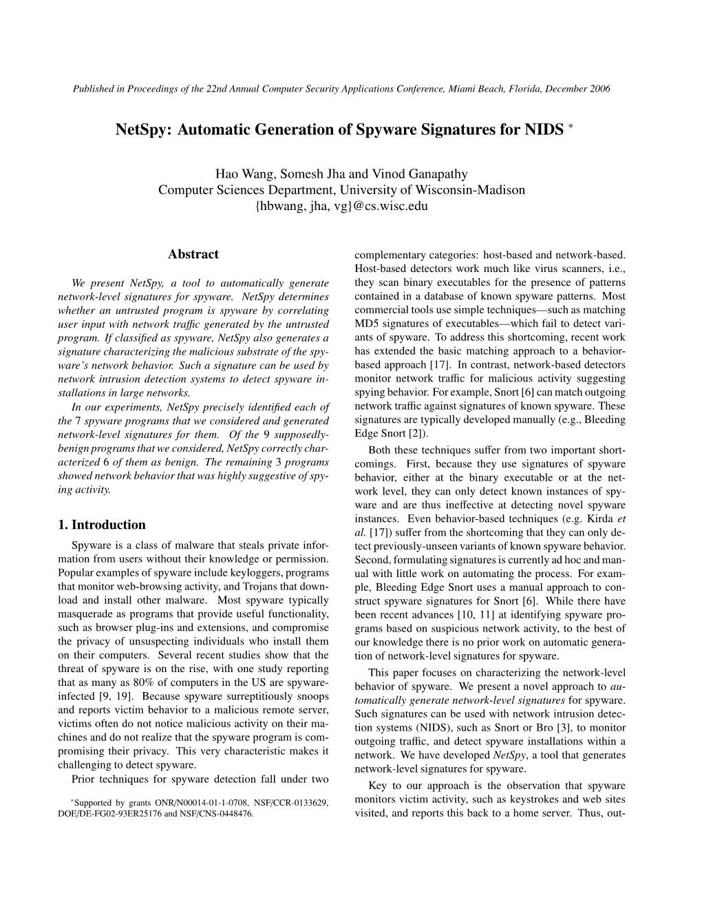 Netspy: Automatic Generation of Spyware Signatures for NIDS ∗