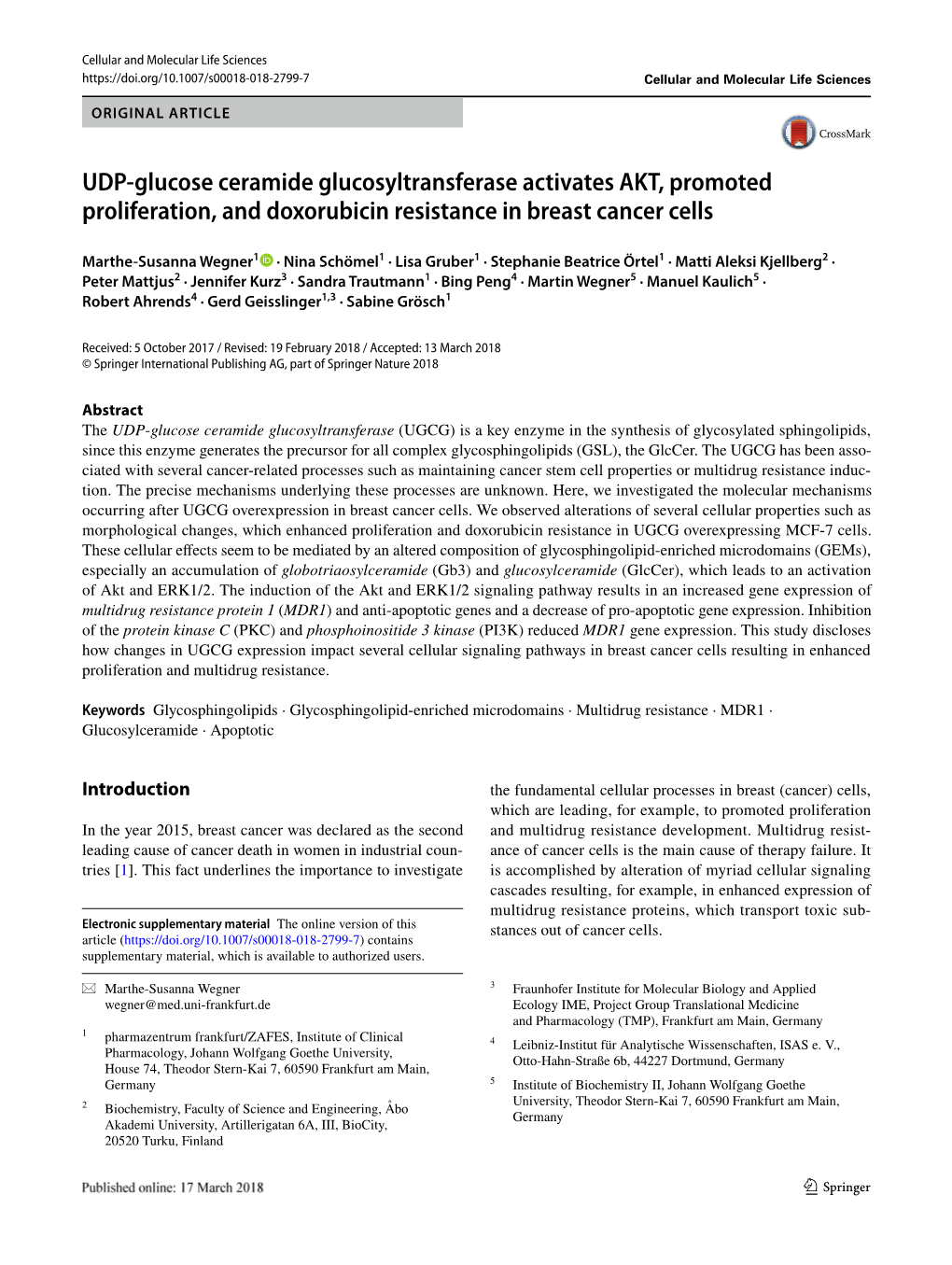 UDP-Glucose Ceramide Glucosyltransferase Activates AKT, Promoted Proliferation, and Doxorubicin Resistance in Breast Cancer Cell