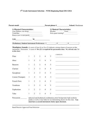 5Th Grade Instrument Selection – WMS Beginning Band 2013-2014 Parent Email: Phone #___