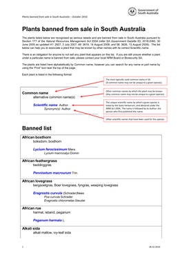 Plants Banned from Sale in South Australia – October 2010