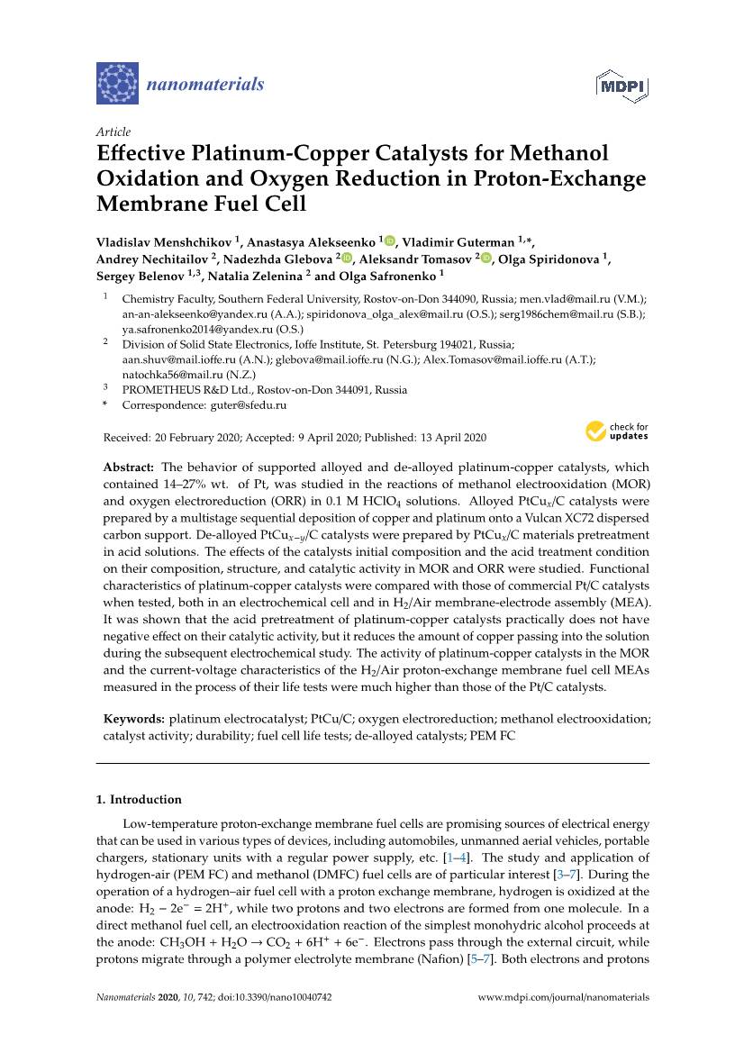 Effective Platinum-Copper Catalysts for Methanol Oxidation and Oxygen Reduction in Proton-Exchange Membrane Fuel Cell
