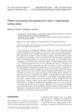 Pollen Harvesting and Reproductive Rates in Specialized Solitary Bees