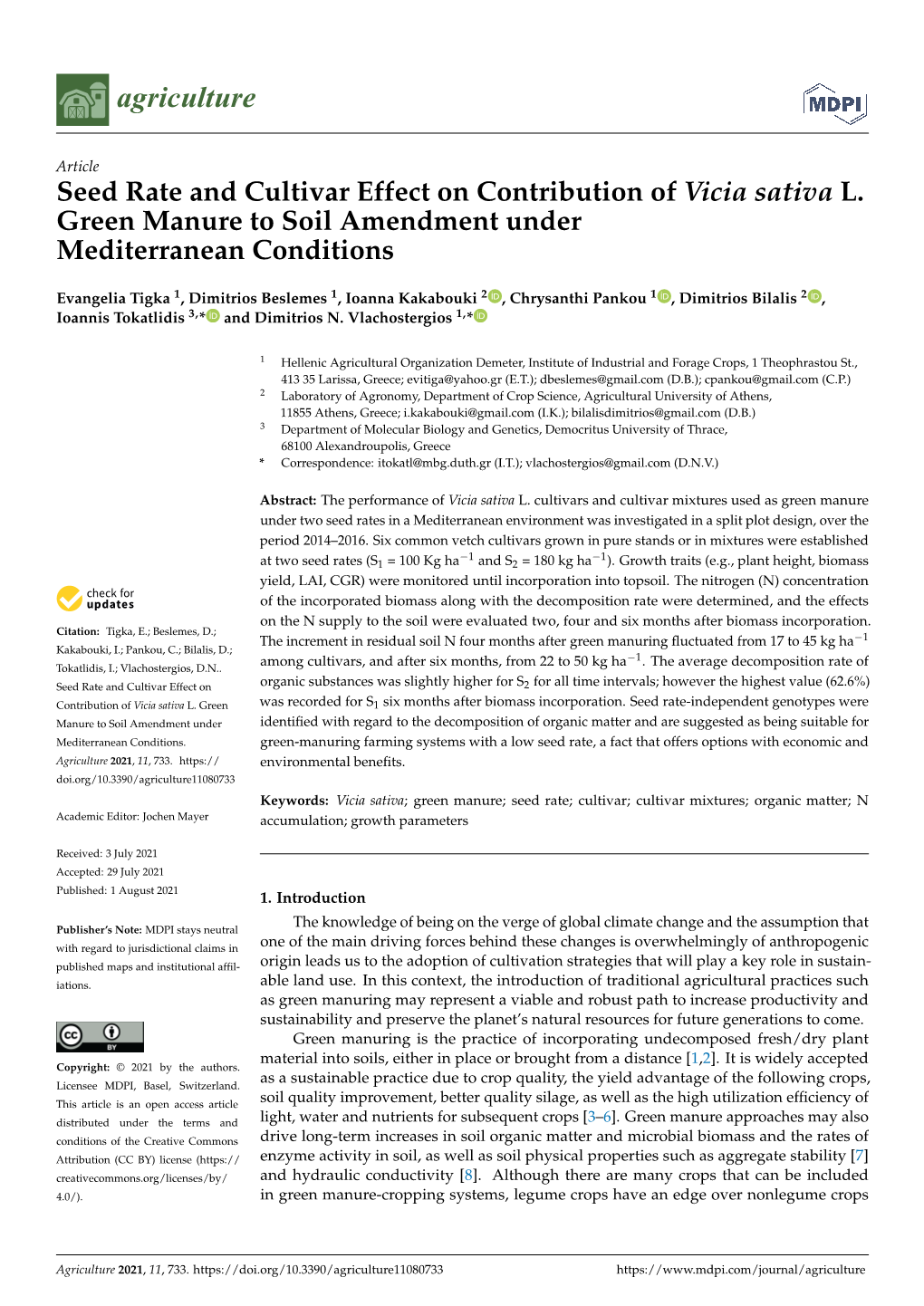 Seed Rate and Cultivar Effect on Contribution of Vicia Sativa L