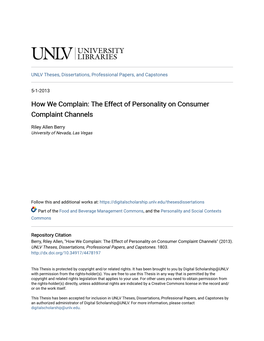 The Effect of Personality on Consumer Complaint Channels