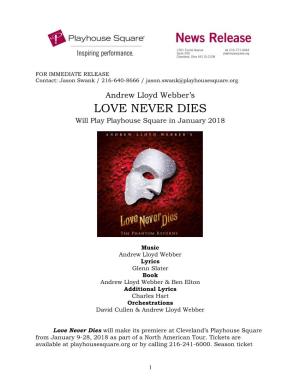 LOVE NEVER DIES Will Play Playhouse Square in January 2018