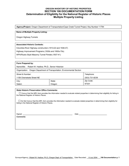 SECTION 106 DOCUMENTATION FORM Determination of Eligibility for the National Register of Historic Places Multiple Property Listing