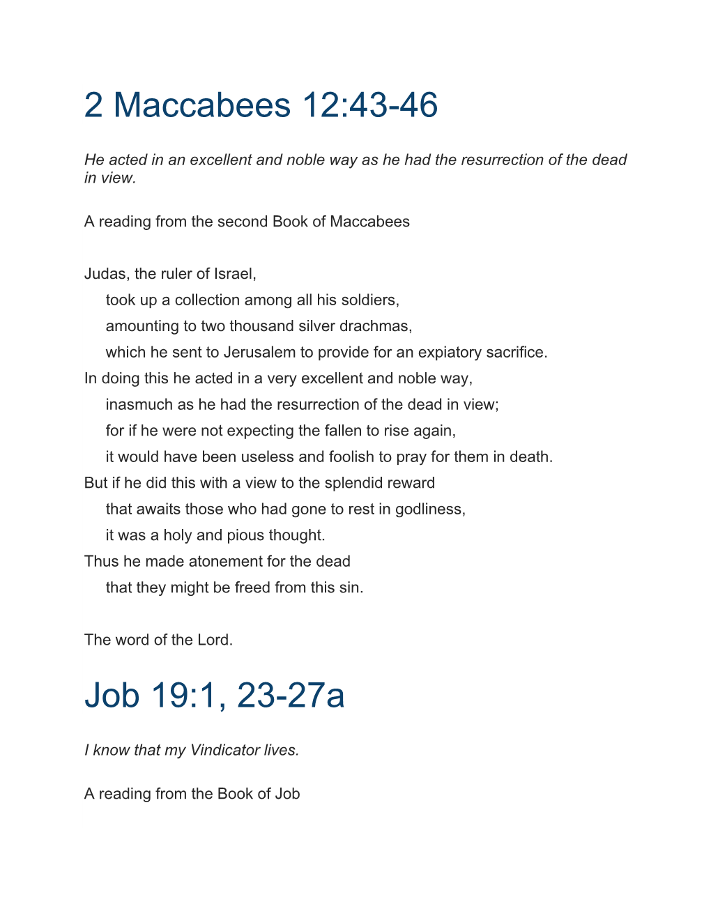 2 Maccabees 12:43-46 Job 19:1, 23-27A