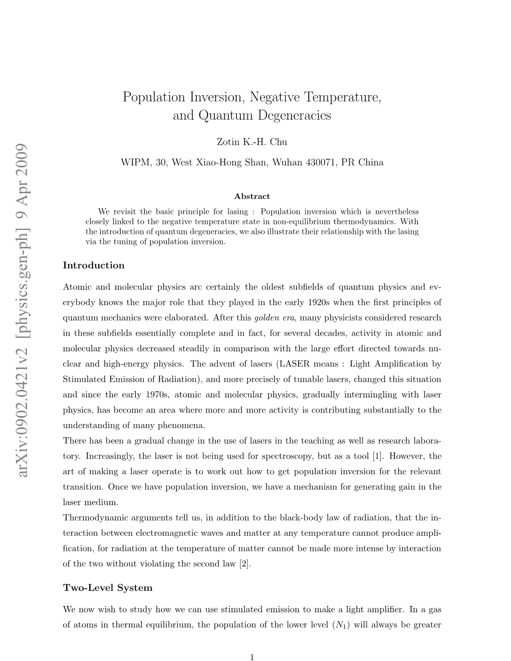 Population Inversion, Negative Temperature, and Quantum