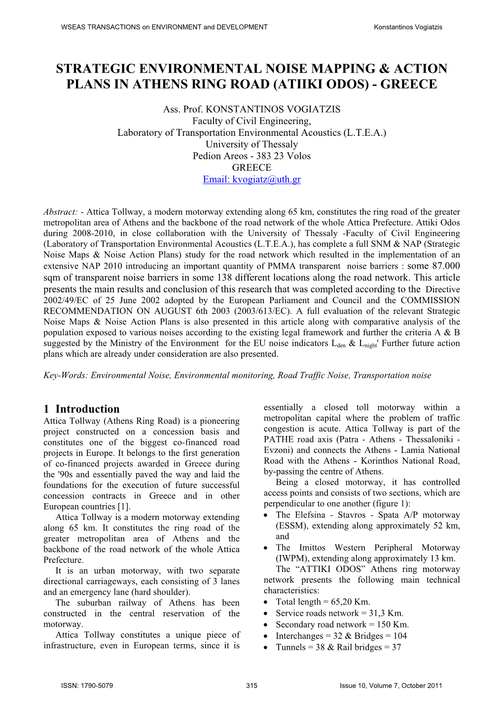 Strategic Environmental Noise Mapping & Action Plans in Athens Ring Road