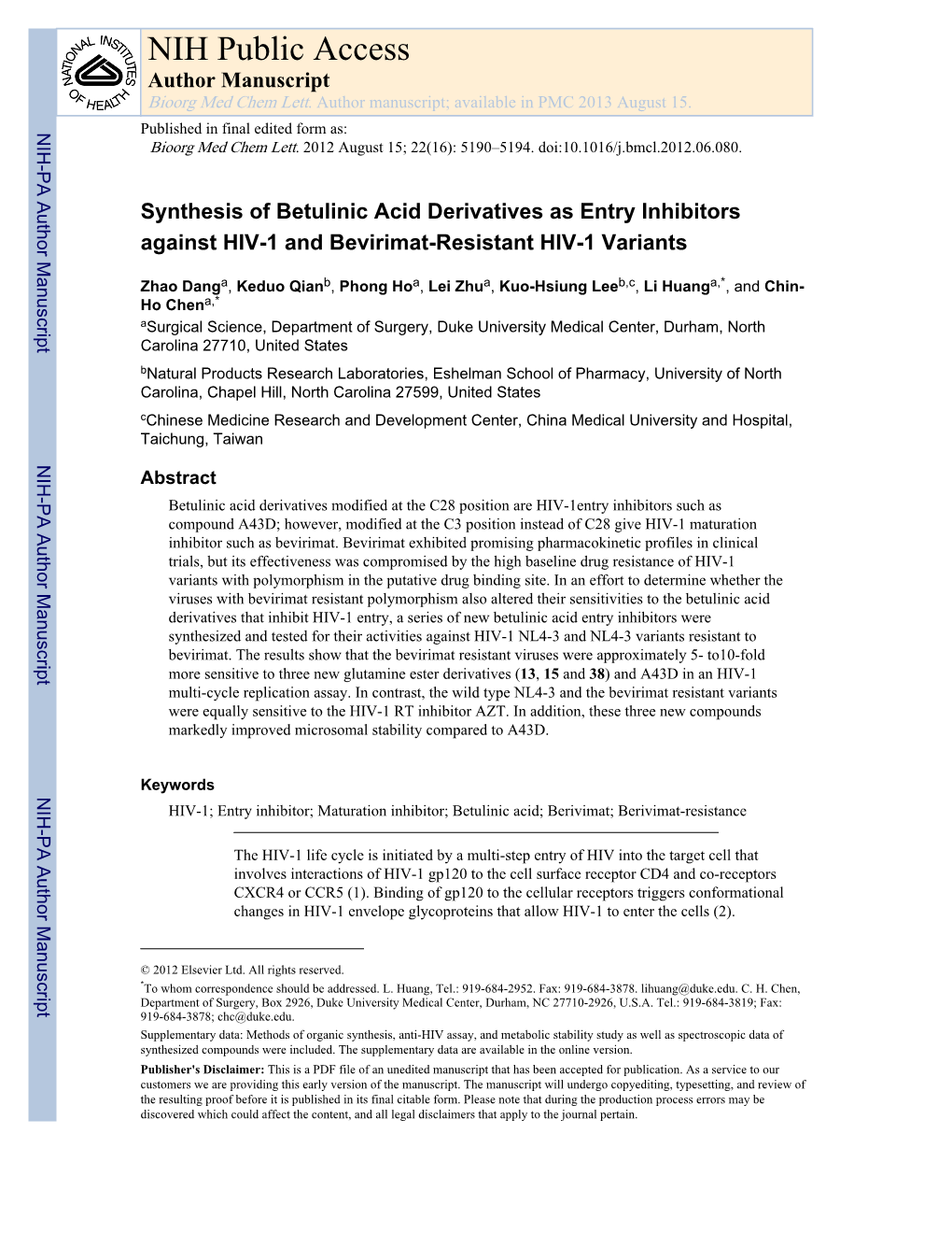 NIH Public Access Author Manuscript Bioorg Med Chem Lett