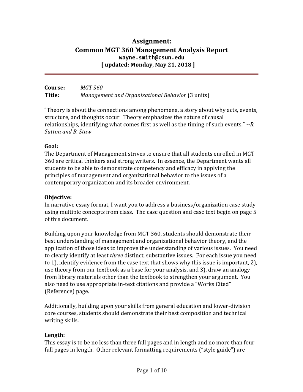 Assignment: Common MGT 360 Management Analysis Report Wayne.Smith@Csun.Edu [ Updated: Monday, May 21, 2018 ]