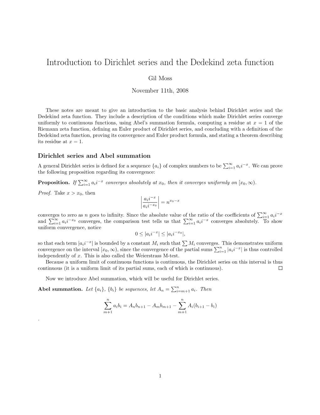 Introduction to Dirichlet Series and the Dedekind Zeta Function